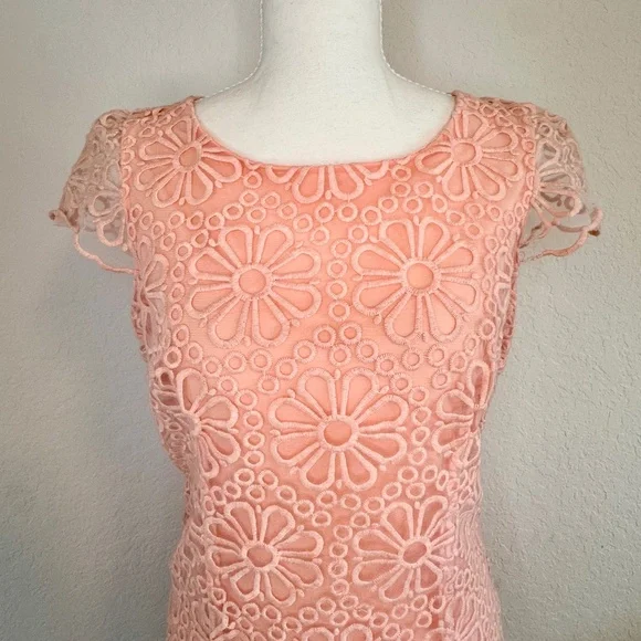 Beige by eci, Peachy/Pink Floral Lace Overlay Sheath Dress, Size 6 - Picture 2 of 10